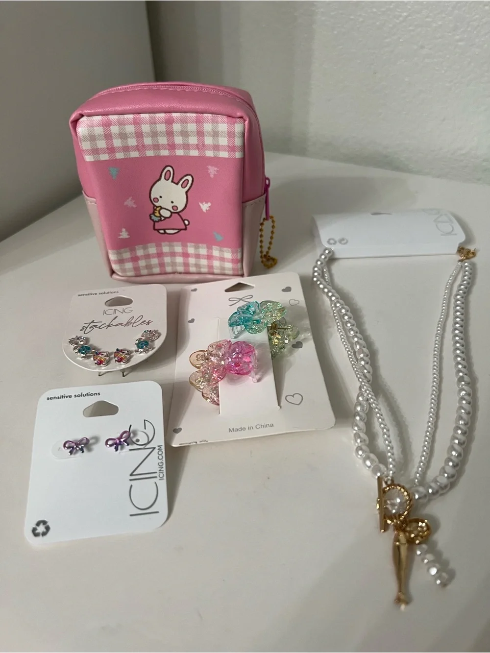 Icing Pink Cherry Charm Pouch with Pearl Necklace & Colorful Hair Clips